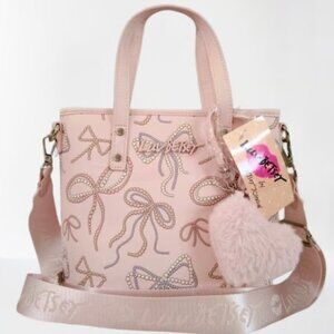Betsey Johnson Pink Bow Print Tote with Heart Pom Charm